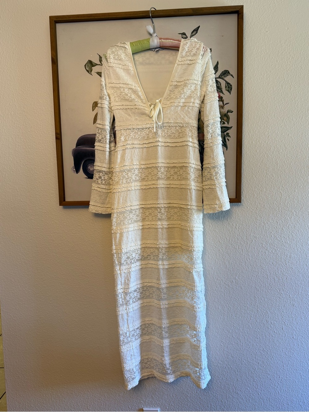 Women’s Cream Lace Maxi Dress with V-Neck Cottagecore Renaissance M